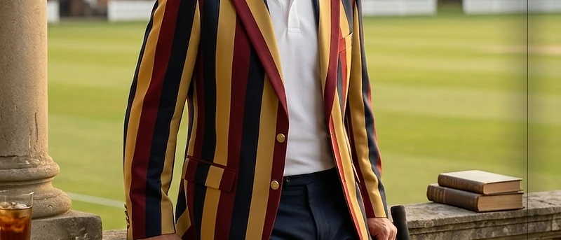 Man wearing a custom cricket blazer with navy, mustard, and burgundy vertical stripes on a clubhouse veranda overlooking a cricket pitch