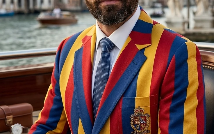 Man wearing a striped military-style blazer with a crowned crest in Venice