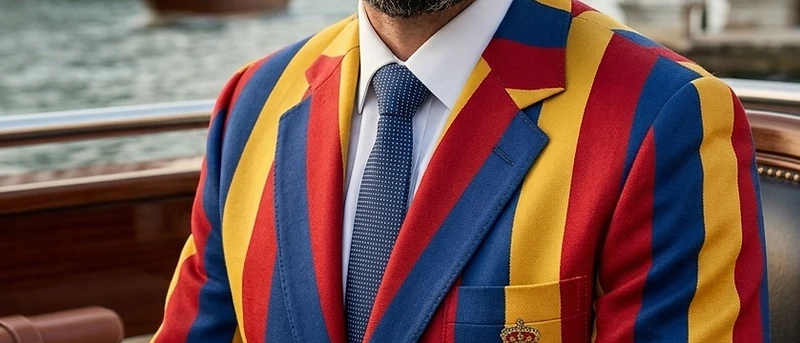 Bespoke striped military blazer with crowned regimental crest and gold buttons