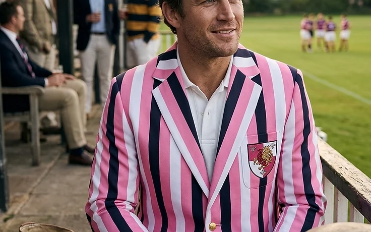 A man on a veranda at dusk wearing a bespoke pink-and-white striped rugby blazer with a gold embroidered griffin crest on a split red-and-white shield.