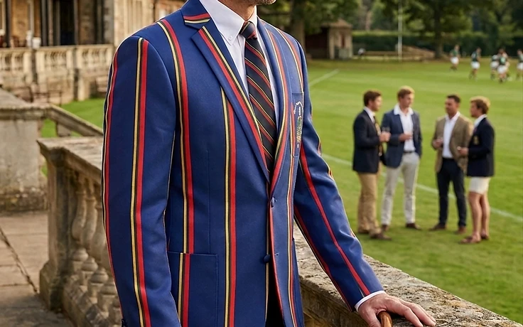 A man on a stone terrace at golden hour wearing a bespoke royal-blue rugby supporter blazer with bold red and gold vertical stripes and an embroidered crest.