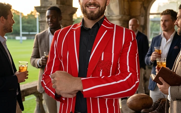 A man wearing a bespoke red-and-white striped Wales supporter blazer with an embroidered red dragon crest, arms crossed on a terrace overlooking a rugby pitch at golden hour.