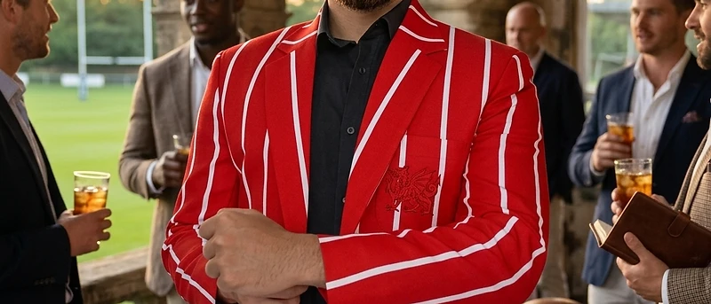 A man in a bespoke red-and-white striped rugby supporter blazer with an embroidered Welsh dragon crest, standing on a terrace overlooking a rugby pitch at sunset.