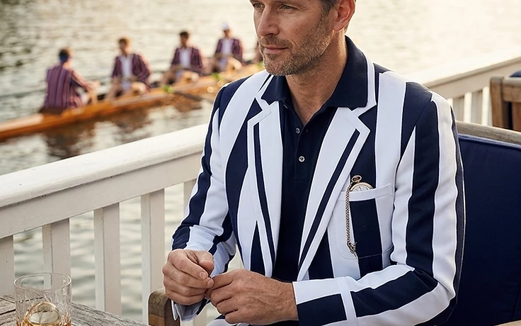 Man wearing a navy and white striped rowing blazer seated at a riverside terrace overlooking a regatta scene with a rowing crew on the water