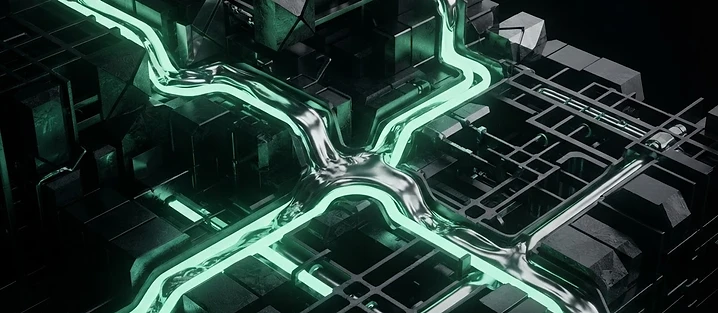 Abstract 3D render of liquid metal flowing through a precision grid