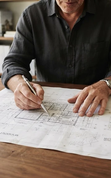 Architectural blueprints and natural stone