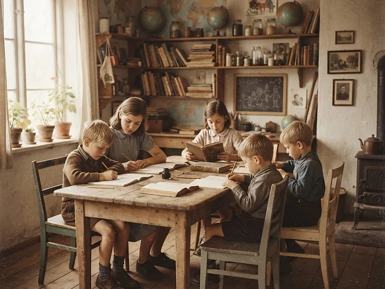 An older photograph of a small home schoolroom from decades ago, warm and faded