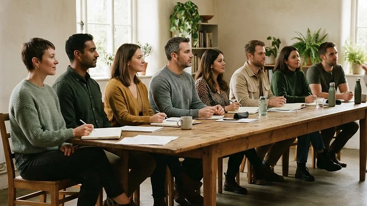 Adults sitting around a table in a training session, with materials in front of them