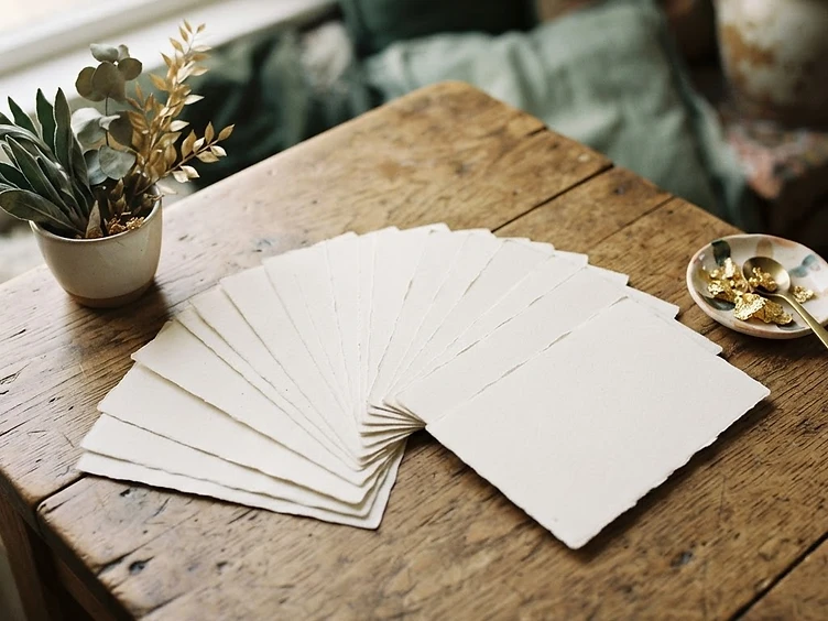 A set of plain picture cards fanned out on a wooden surface, no words on them