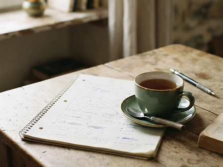 A handwritten plan on lined paper beside a cup of tea
