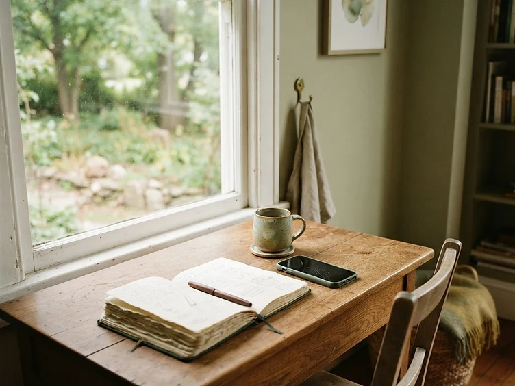 A desk by a window with a notebook and a phone on it