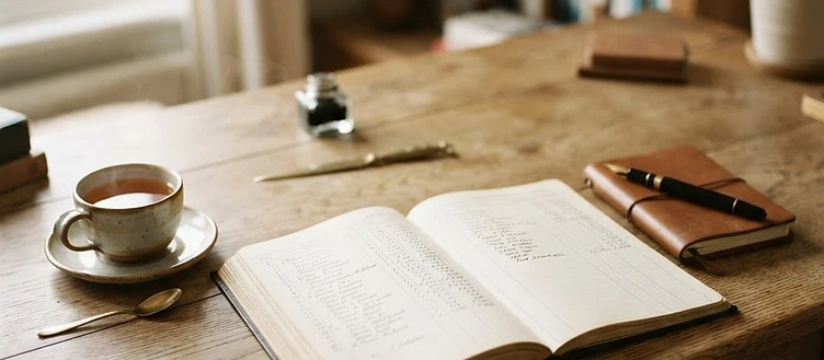 A tidy desk with an open ledger and a pen in morning light