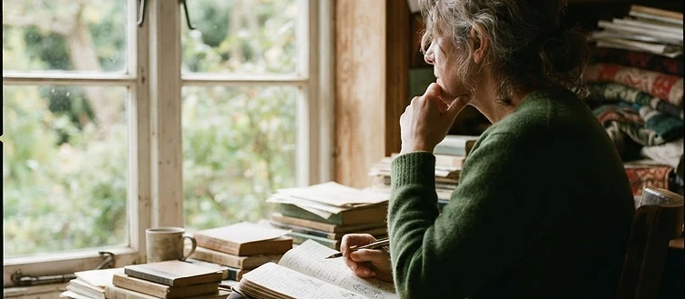 A figure seated by a window with books