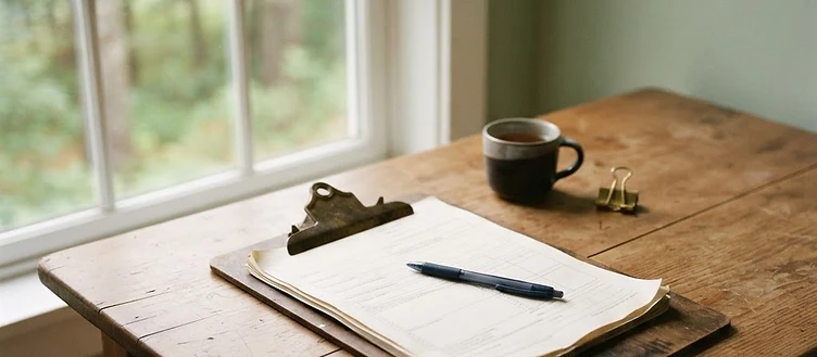 A clipboard with forms and a pen on a desk