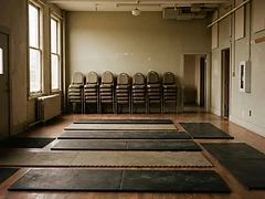 A plain rented hall with mats on the floor and chairs stacked against a wall