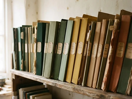 A row of labelled folders on a shelf