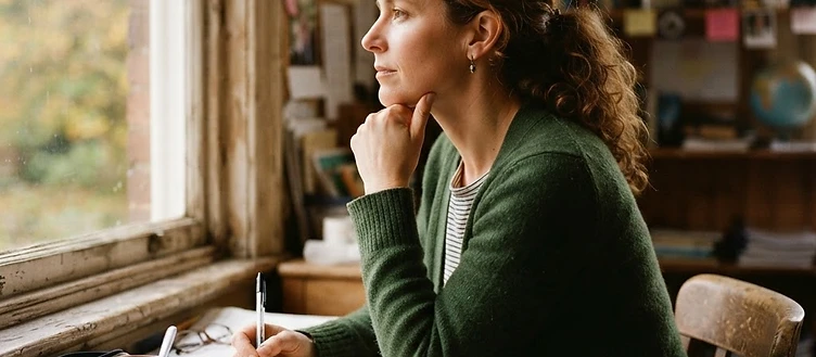 A teacher sitting by a window with a notebook, paused in thought