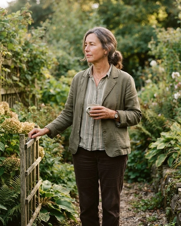 A person outdoors, upright, not posed to camera, near a garden