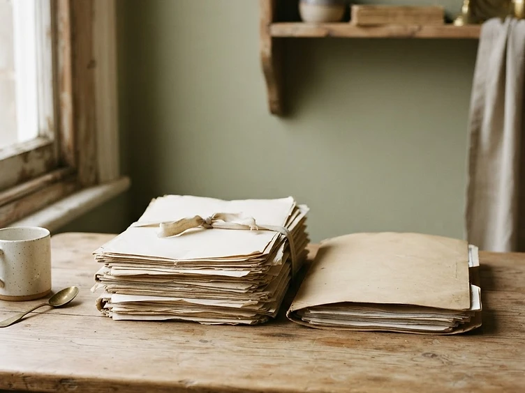 A neat stack of paper records and a folder on a table