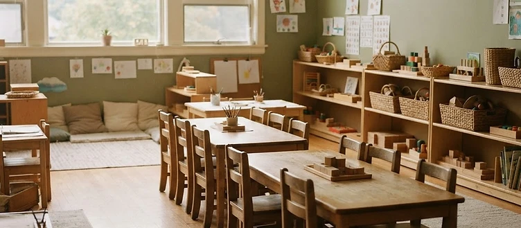 An empty preschool classroom ready for the day