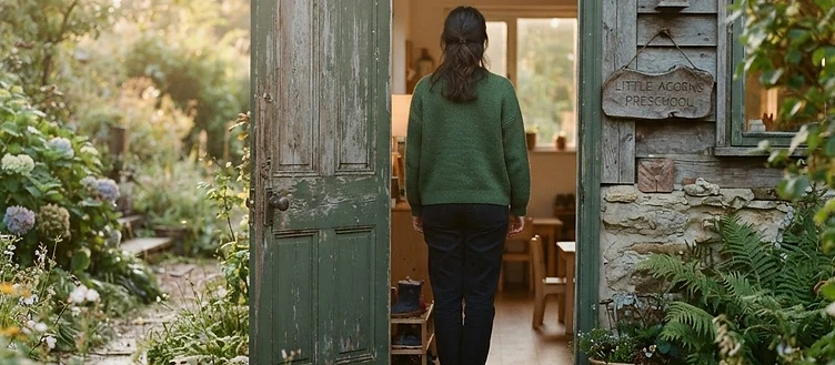 A woman opening the door of a small preschool at sunrise