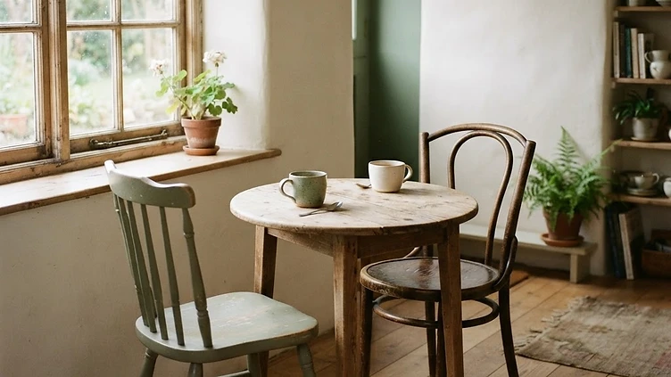 Two empty chairs at a small table with two cups on it