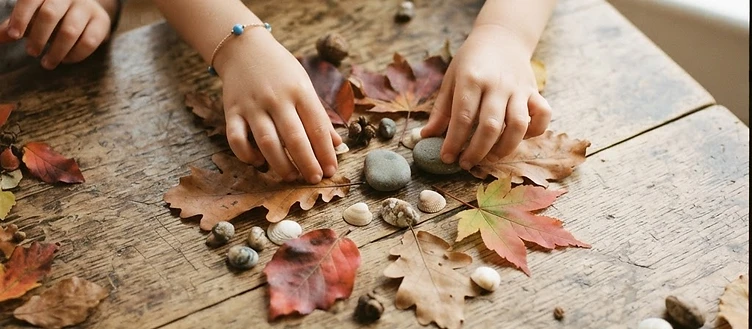 Children arranging leaves and stones on a wooden table