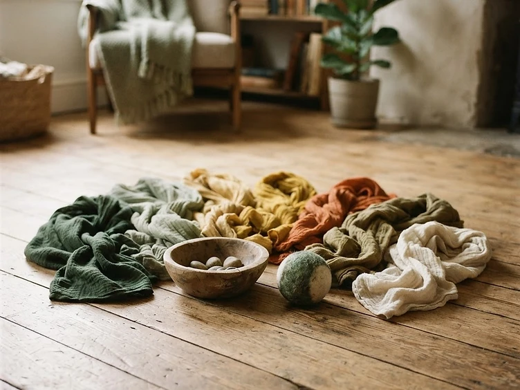 Simple objects for a group game arranged on a floor, scarves, a soft ball and a wooden bowl