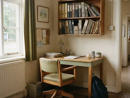 A small office corner in a school, with a desk, a chair and a shelf of folders