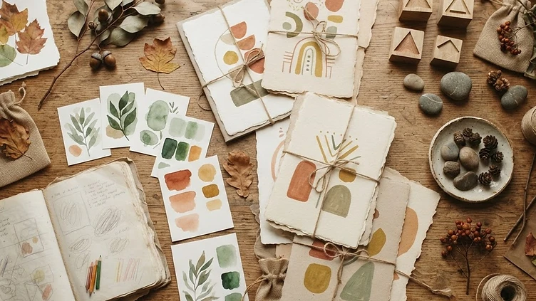 Teaching materials laid flat on a table seen from above, paper, cards, natural objects and a notebook