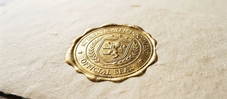 An embossed gold seal pressed into textured paper