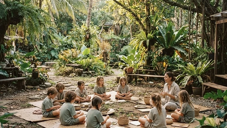 An outdoor learning space in a tropical garden with mats spread under trees in morning light