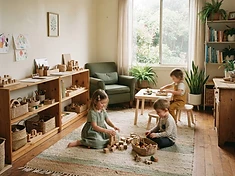 A living room converted for a small group of children, with low shelves, a rug and baskets of materials