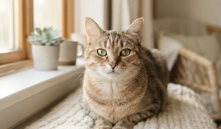 A relaxed cat resting comfortably in soft natural light