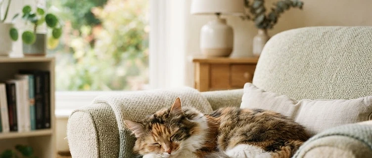 A relaxed cat lounging in a calm, cozy living room