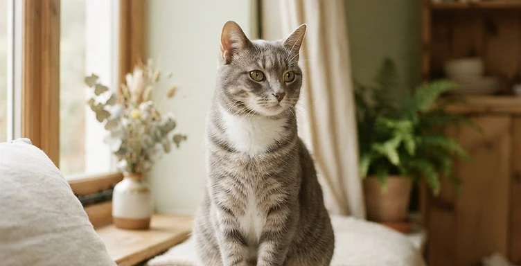 A serene tabby cat sitting calmly in soft natural light