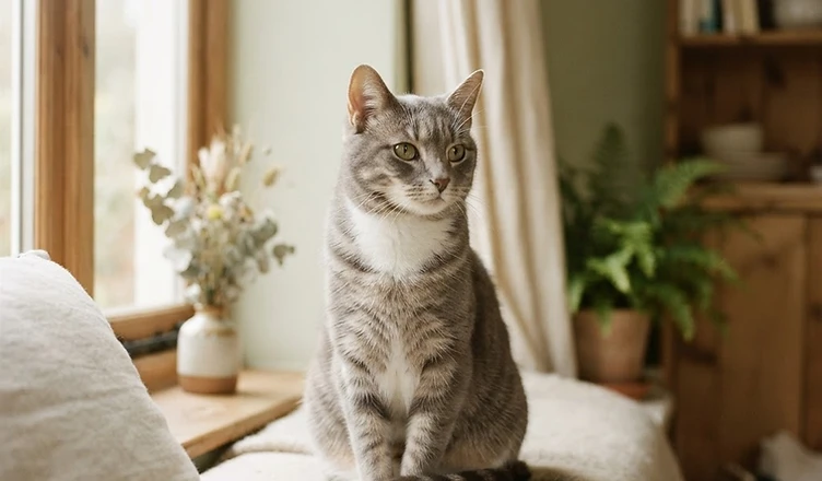 A serene tabby cat sitting calmly in soft natural light