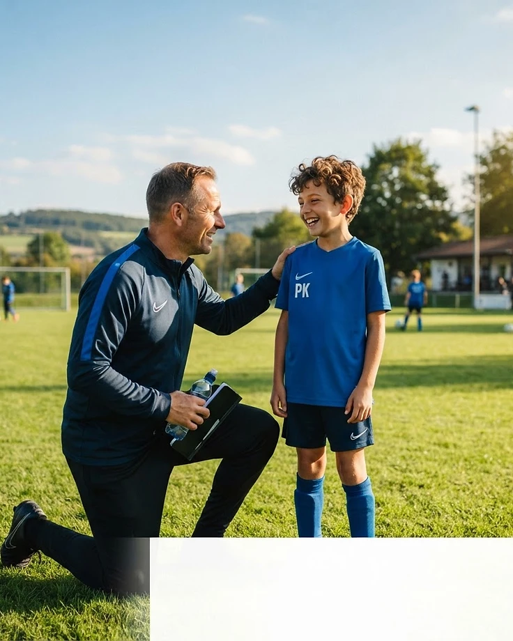 Trainer führt ein positives Gespräch mit einem aufmerksamen, glücklichen Spieler