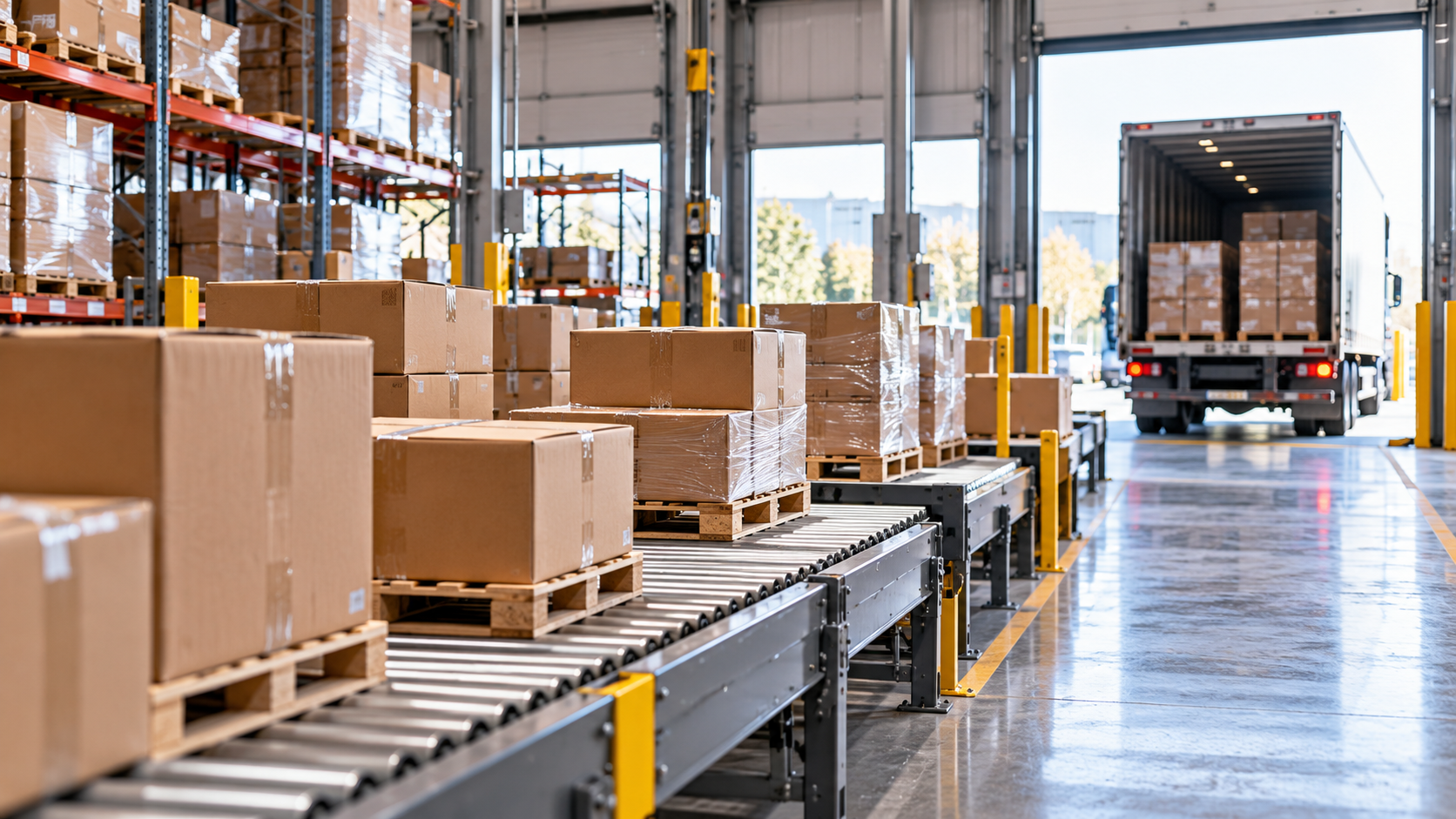 Boxed goods on warehouse conveyors beside a truck at the loading dock