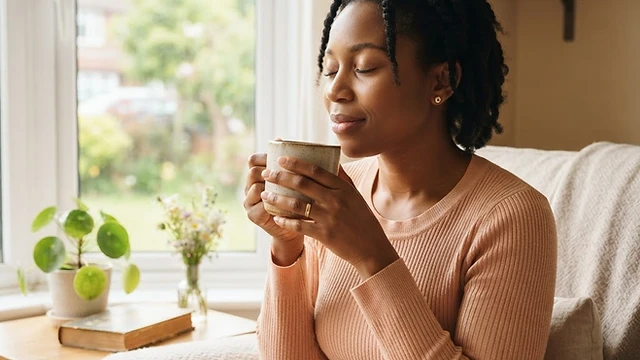 A modern Nigerian mum journaling in soft morning light