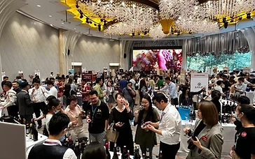Wine trade buyers and importers reviewing exhibitor portfolios and tasting wines at an Interwine trade fair booth in Guangzhou