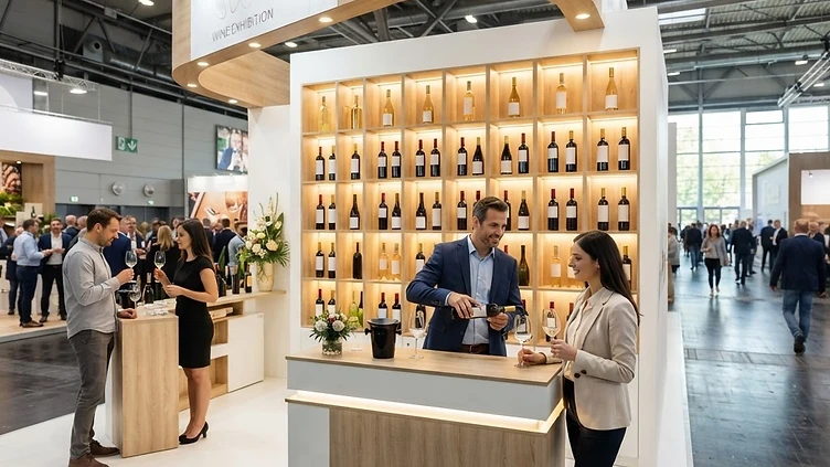 The French National Pavilion branding at a professional B2B trade event showcasing wine displays and tasting stations.