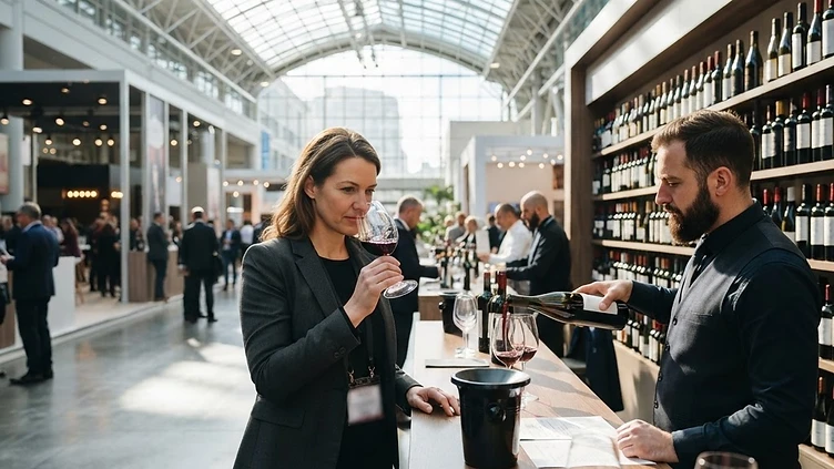A selection of premium international spirits displayed at an Interwine trade event, highlighting high-end glass bottles and professional tasting setups.