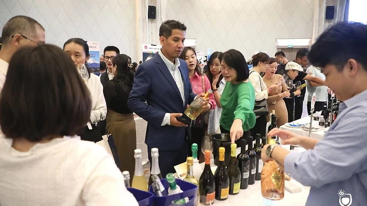 Retail wine buyer reviewing wine portfolio and inventory distribution metrics in a commercial store environment