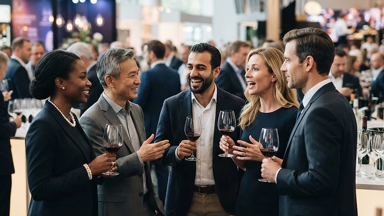 Professional wine tasting event in a modern showroom setting, featuring high-quality bottles and wine professionals engaging in business discussions.