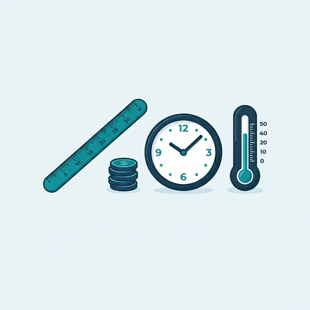 Flat illustration of a ruler, coins and a clock