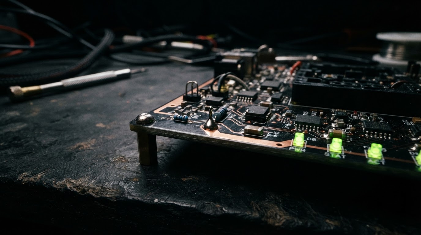 A bespoke custom-built electronics project — macro view of a hand-soldered PCB