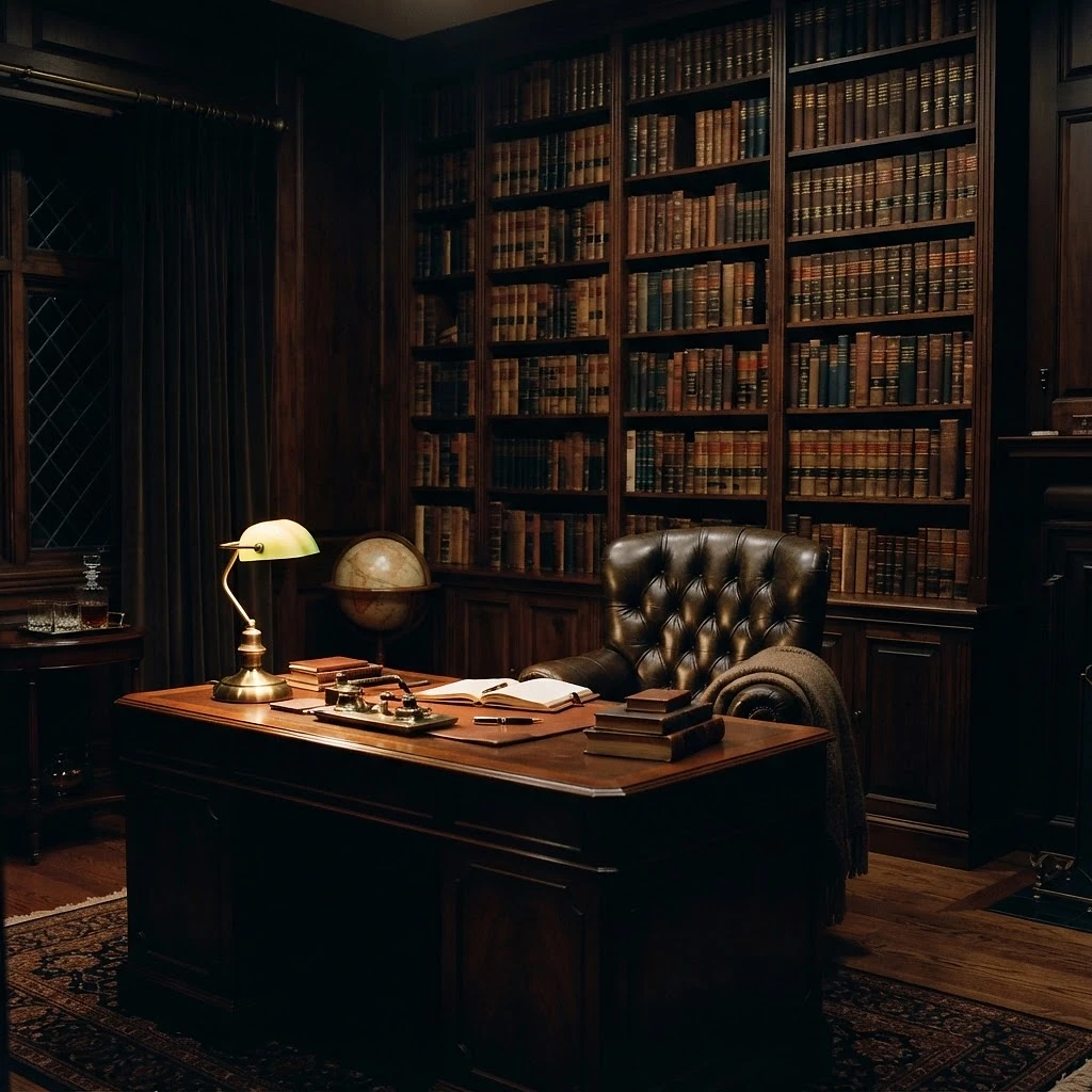 Elegant executive study with leather chair, antique desk, and law books