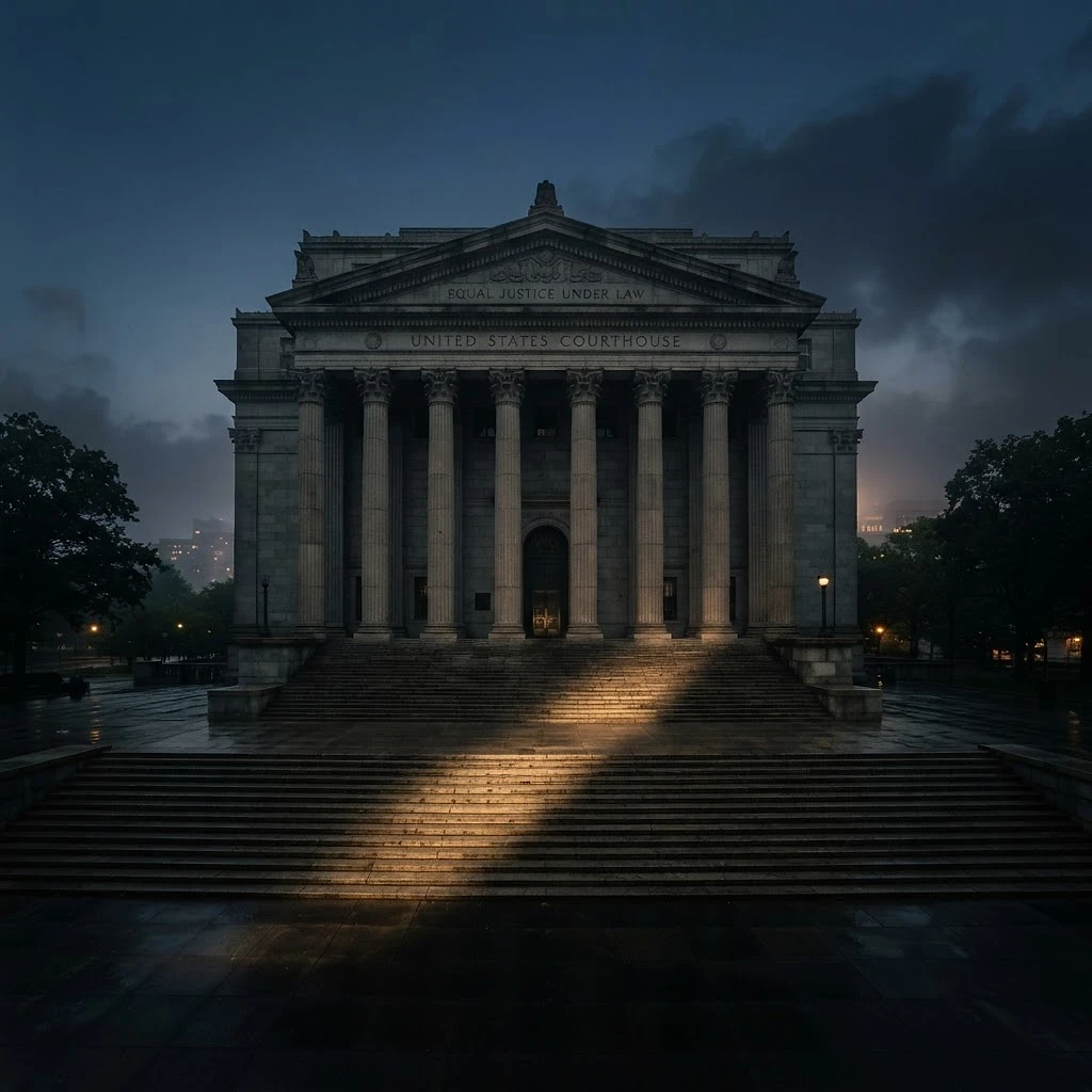 Monumental classical courthouse facade at dusk, tall limestone columns in deep shadow