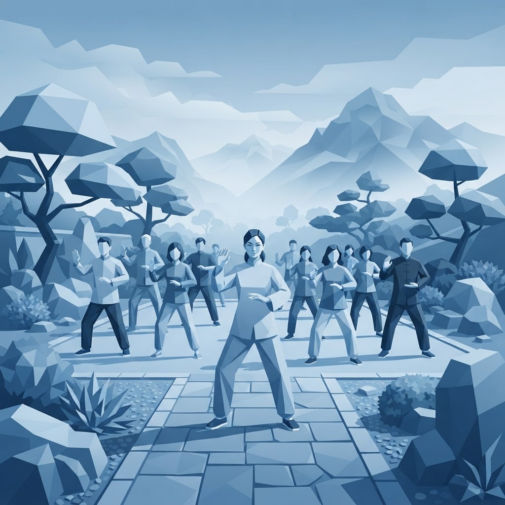 A diverse group of people practising gentle Zhineng Qigong together outdoors